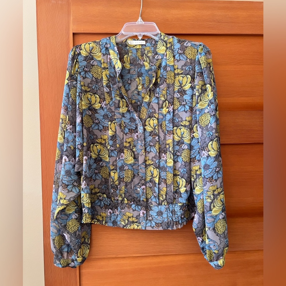 Hinge Floral Button Down Blouse  - Blue and Yellow Size Medium